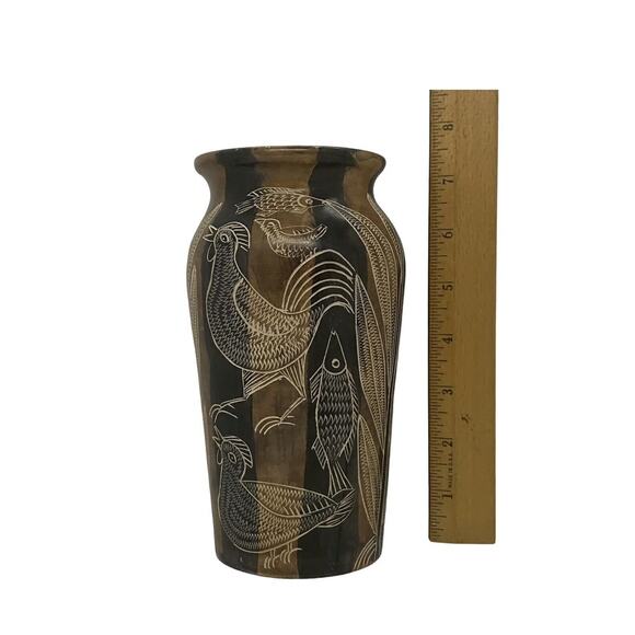 Mid 20th Century Asian Style Hand Carved Soapstone Vase Roosters Fish Plants - Picture 10 of 12